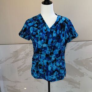 Scrubletics Women's Patterned Blue Two Tone  Short Sleeve Scrub Top Sz XS